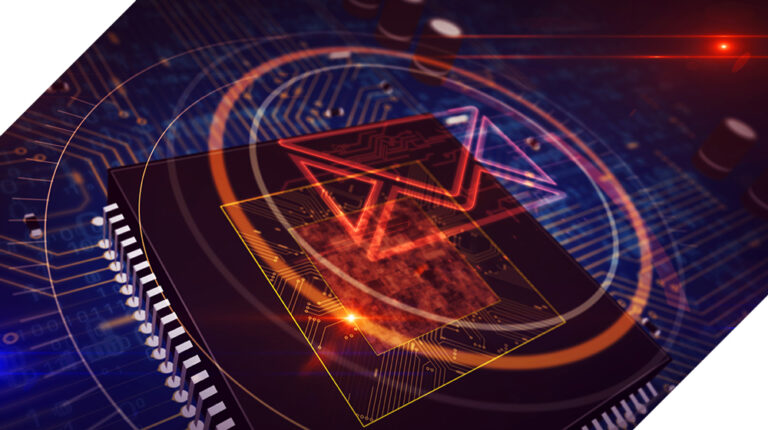Rendering of computer circuitry with glowing orange email icon floating above it